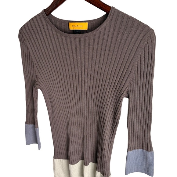 St John Wool Blend Ribbed Small Knit Crew 3/4 Sleeve Colorblock Sweater Top - Picture 3 of 7